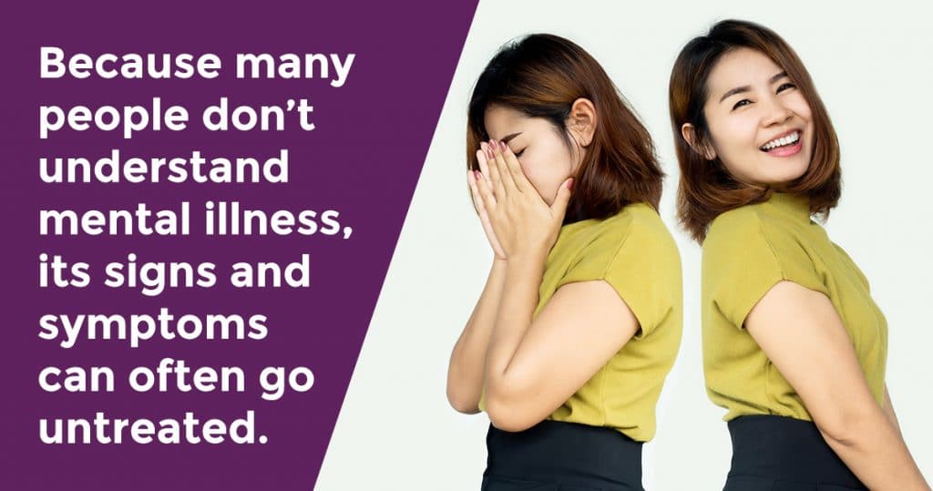 An image of a young woman in two poses. In one pose she has her face covered by her hands. In the other pose she is smiling. A caption reads: Because many people don’t understand mental illness, its signs and symptoms can often go untreated.